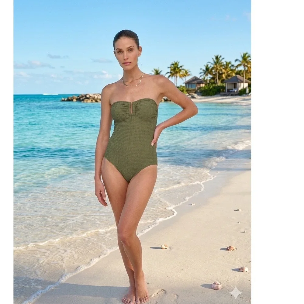 DKNY Womens Olive Green Smocked Strapless Notch One Piece Swimsuit XL NEW - Picture 13 of 13